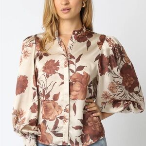 Olivaceous Tan Silk Flowy Button-Up Top with Dark Brown Flowers